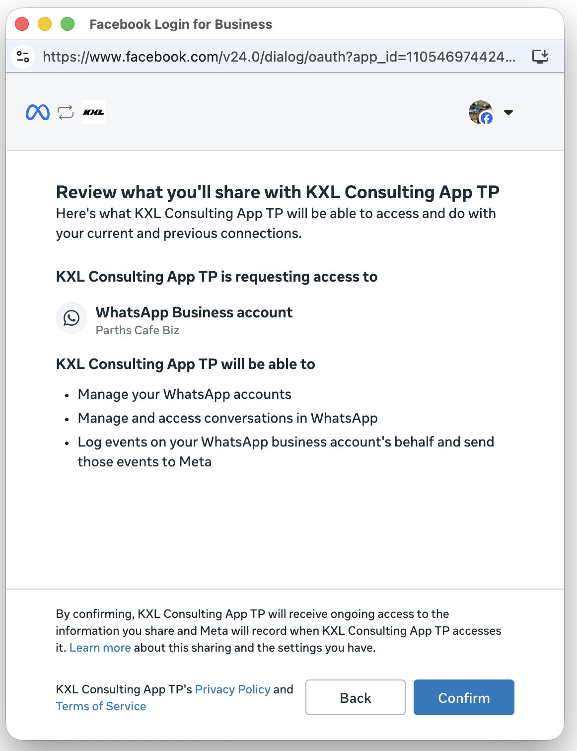 Terms and conditions review screen listing the WhatsApp Business account access permissions to accept, with a Confirm button