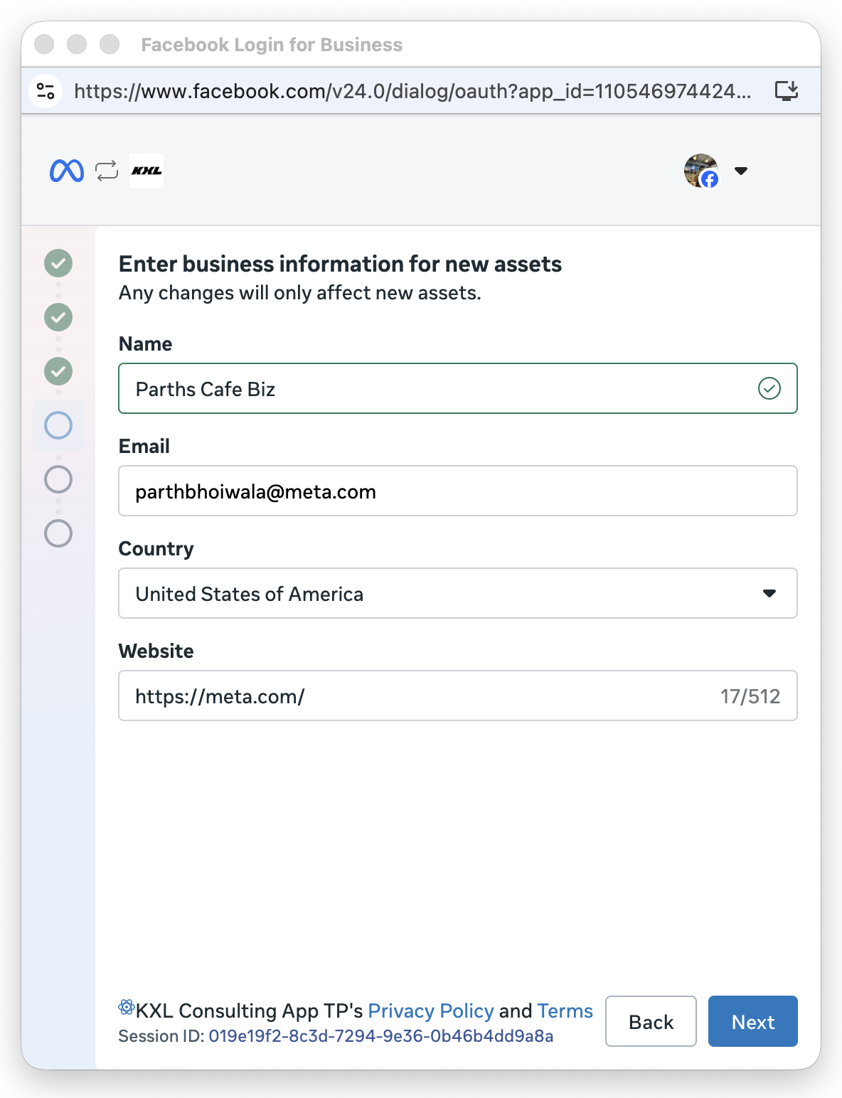 Business creation screen with fields for name, email address, country, and website to create a new business portfolio