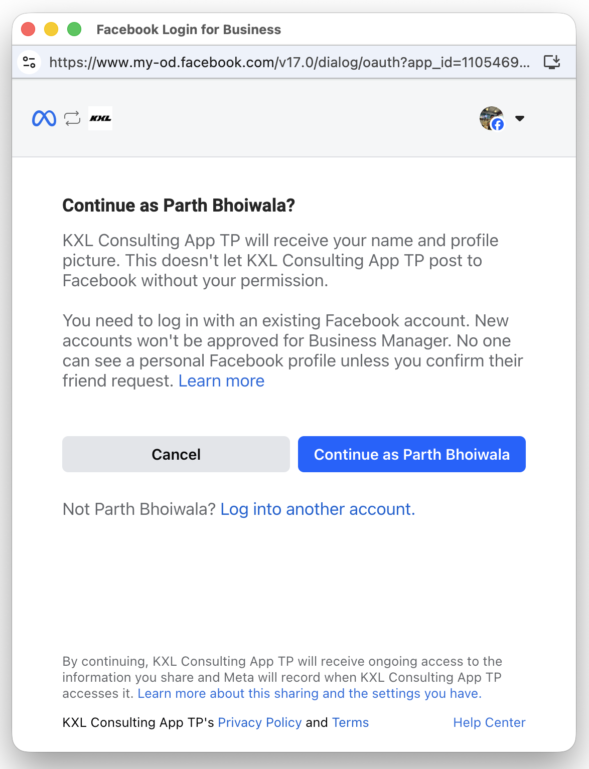 Facebook Login for Business authentication dialog prompting Continue as the signed-in user to connect their account.