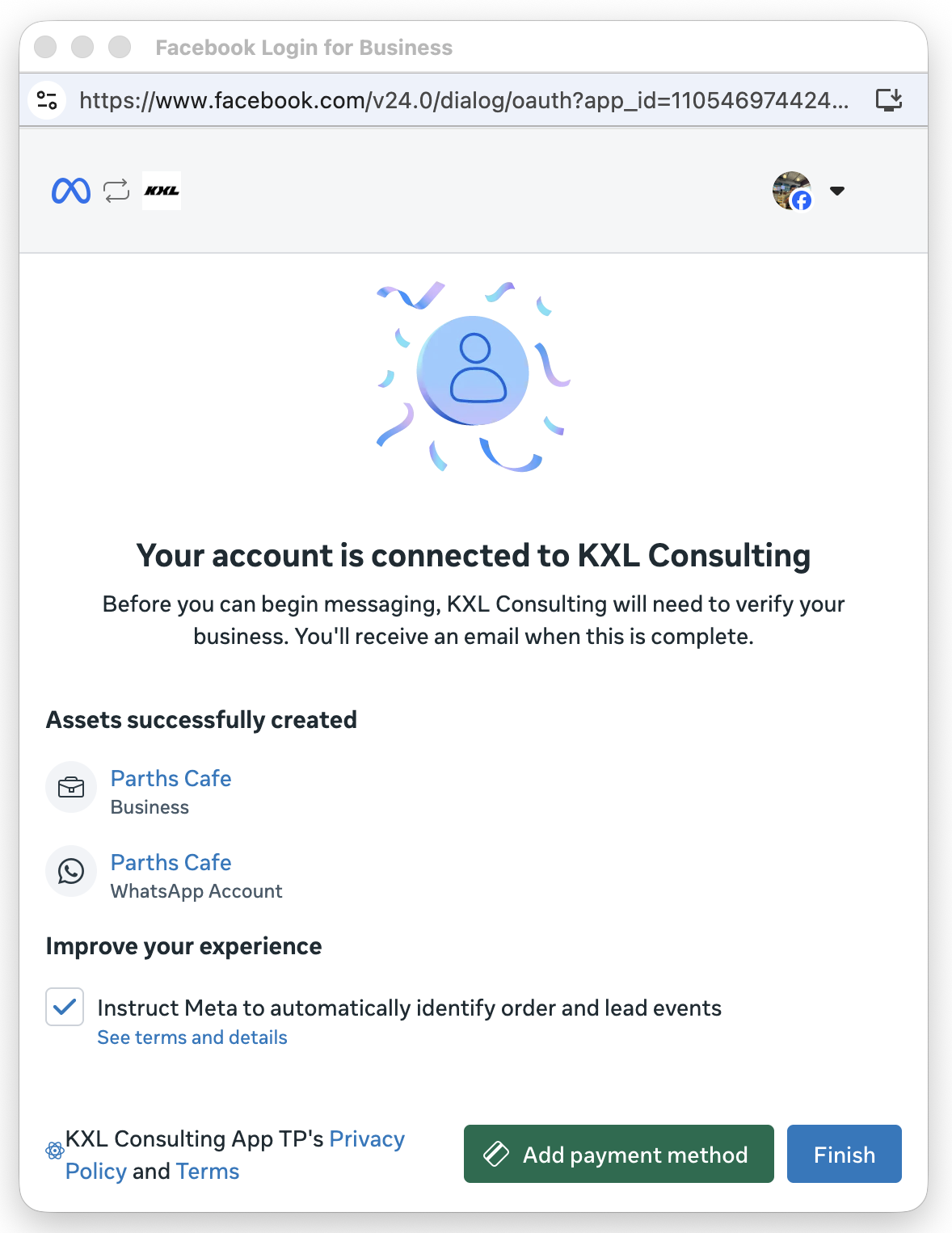 Success screen confirming the account is connected and the Business and WhatsApp Account assets were created, with a Finish button.