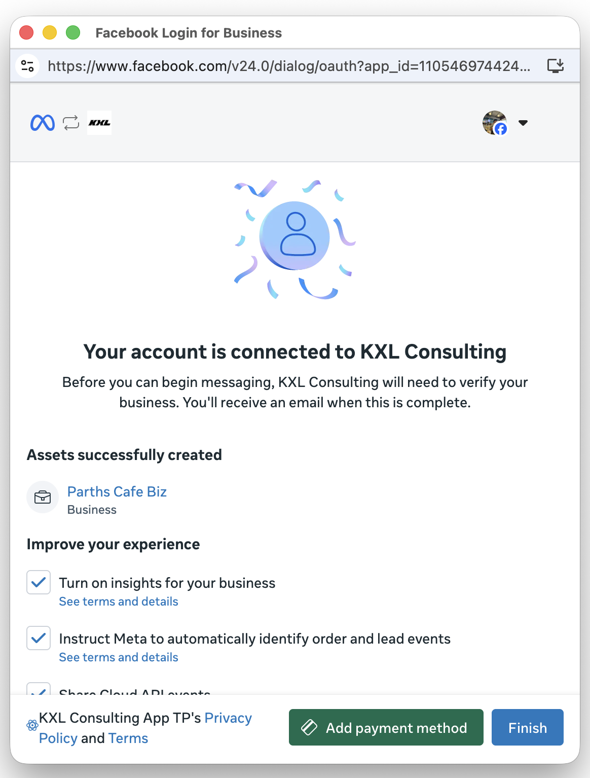 Coexistence success screen confirming the account is connected and the Business asset was created, with a Finish button
