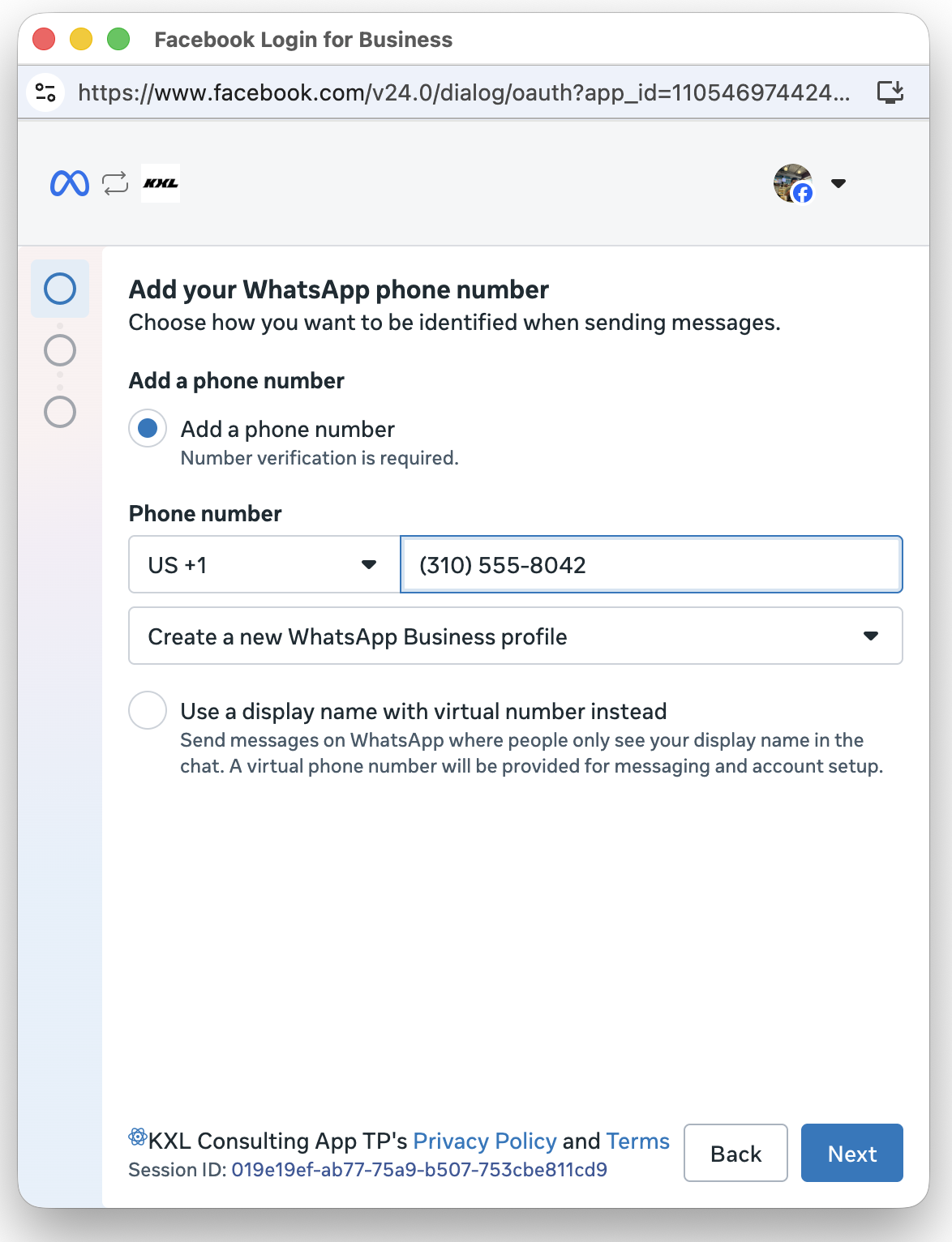 Phone number entry screen with a phone number filled in to onboard an existing WhatsApp Business app number for the Coexistence flow.