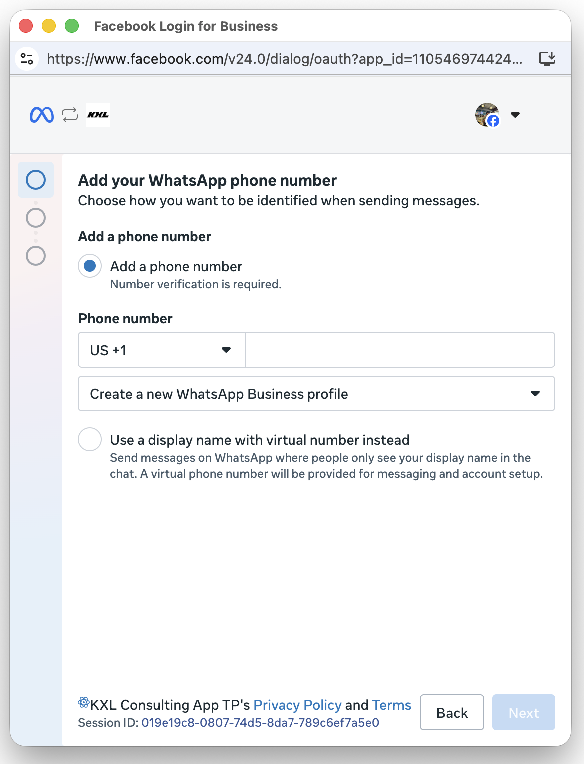 Phone number entry screen with a country code dropdown, Add a phone number option, and Create a new WhatsApp Business profile selector.