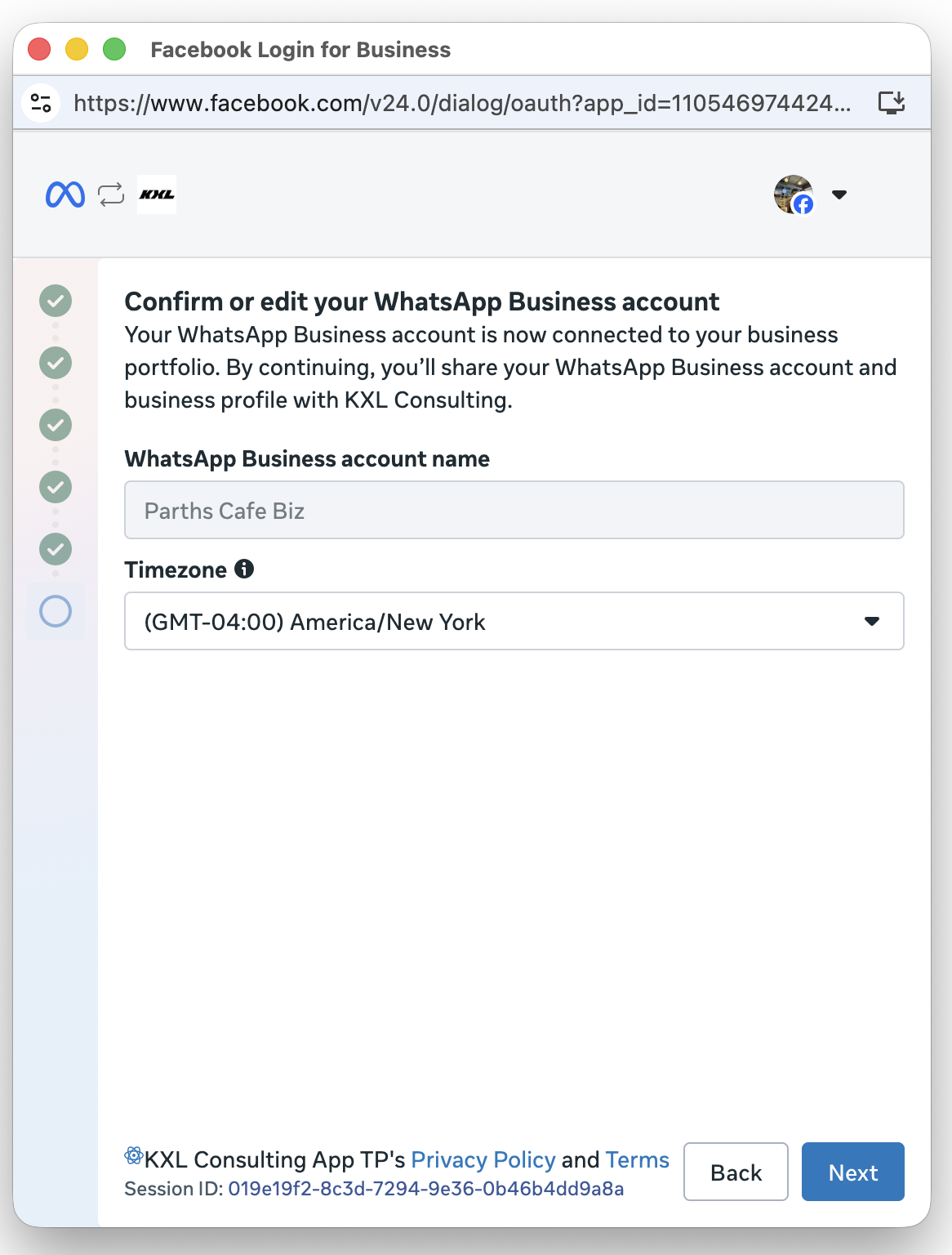Business information confirmation screen with a read-only WhatsApp Business account name and a required time zone dropdown