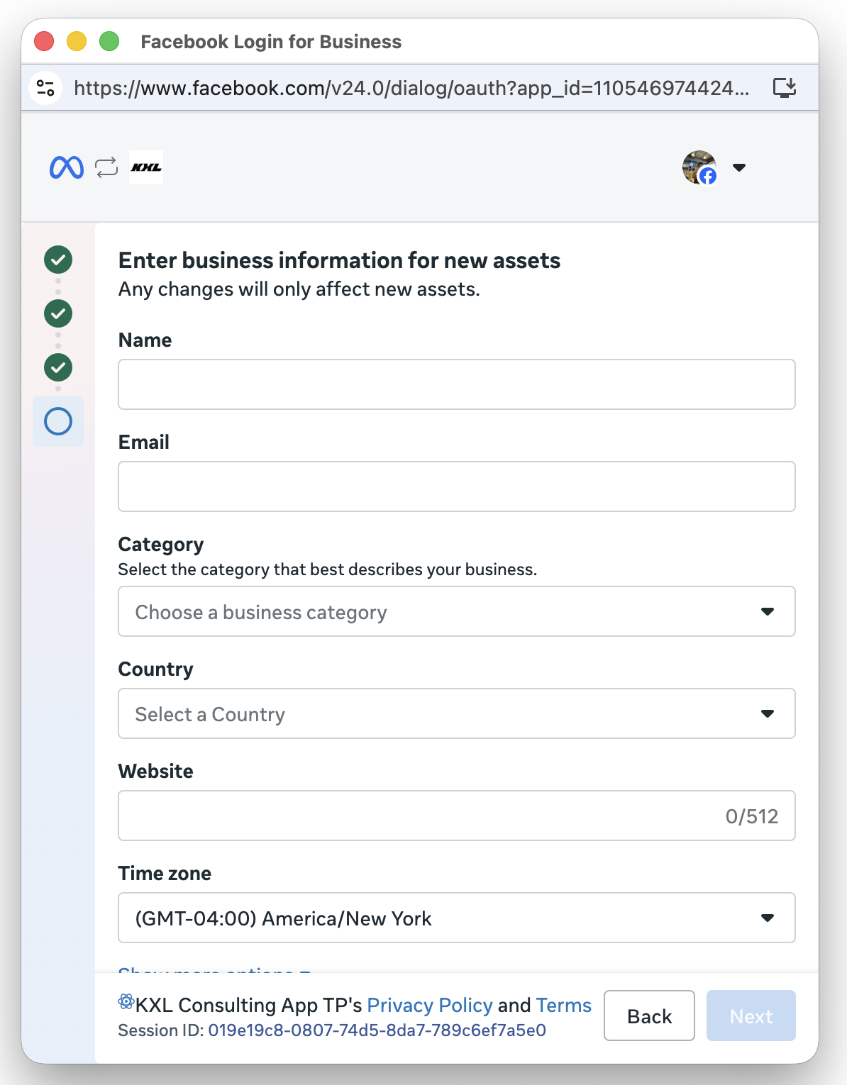 New business creation form with fields for Name, Email, Category, Country, Website, and Time zone for the new assets.