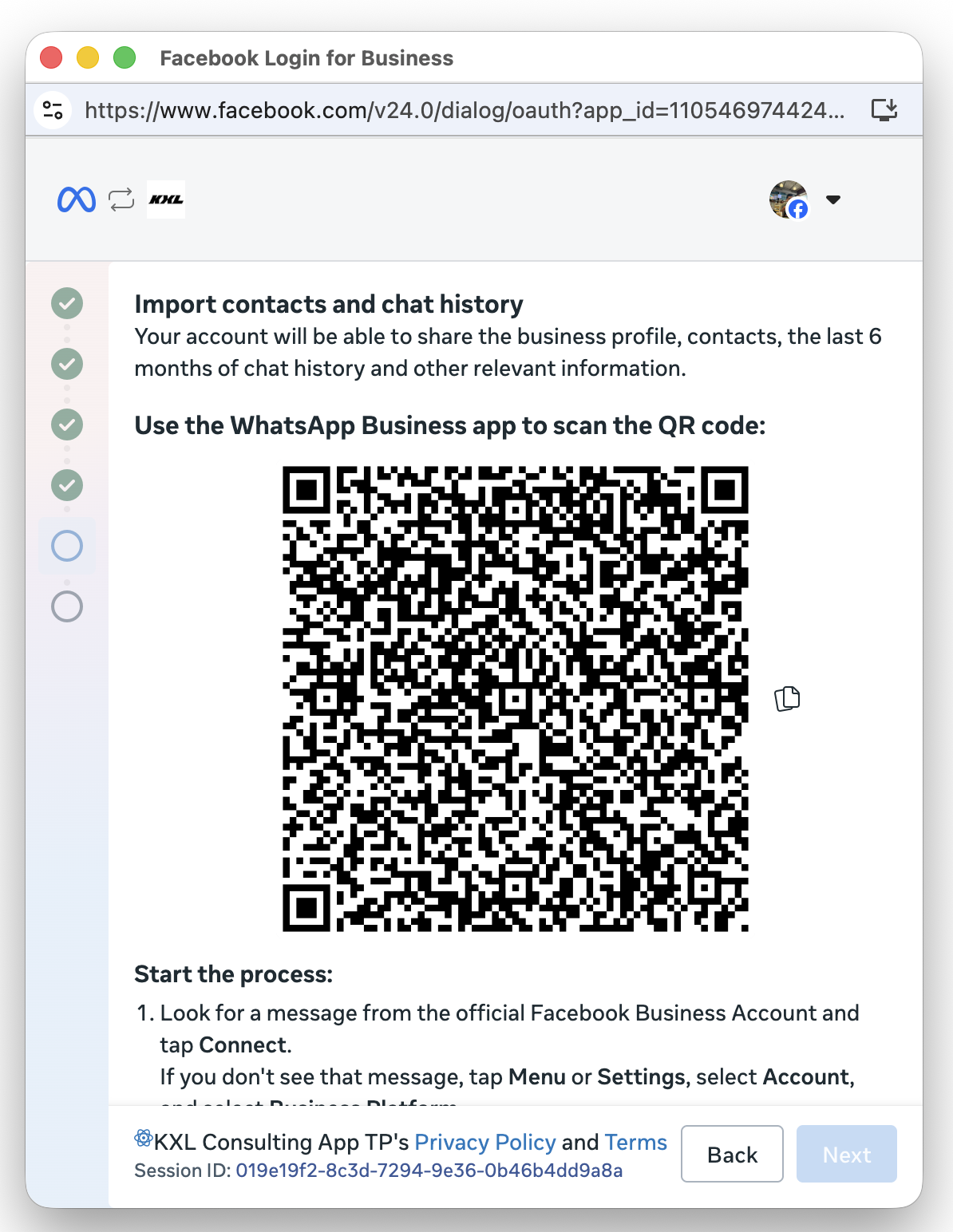 QR code verification screen with a scannable QR code to scan from the WhatsApp Business app and instructions to start the process.