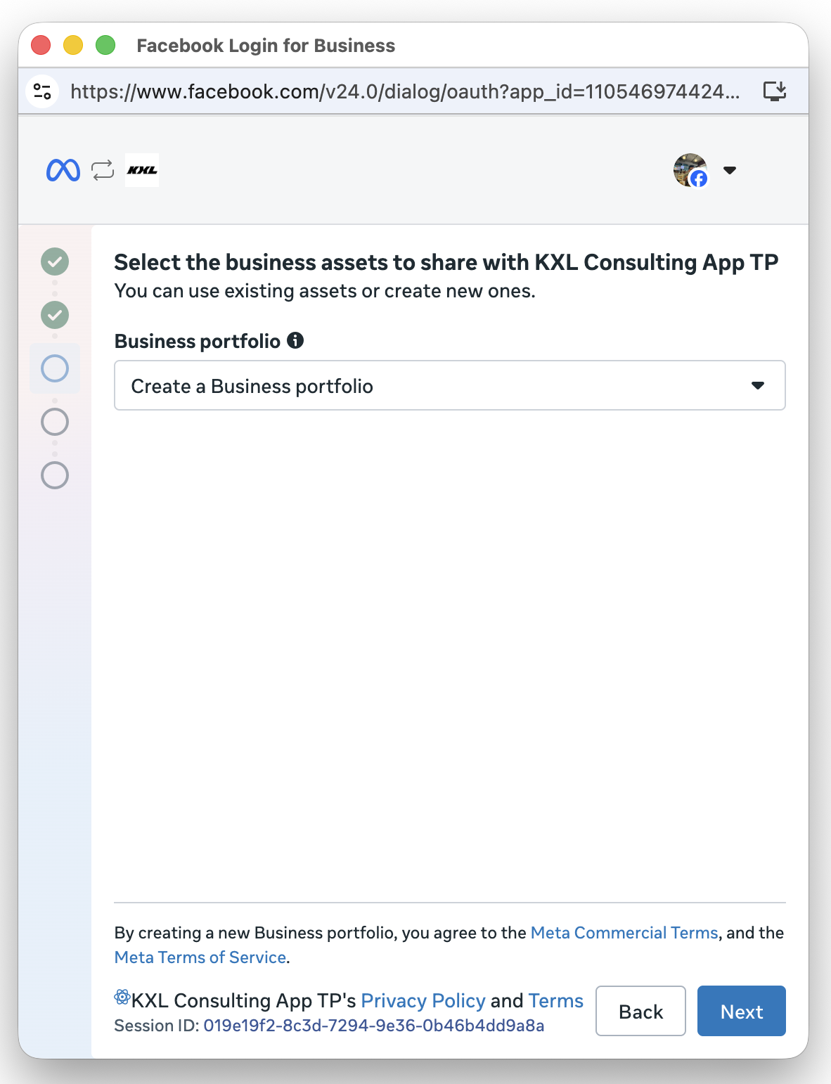 Business portfolio selection screen with a dropdown to select an existing Meta business portfolio or create a new one