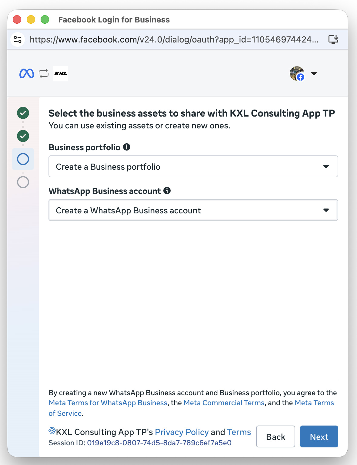 Business asset selection screen with dropdowns to select or create a Business portfolio and a WhatsApp Business Account.