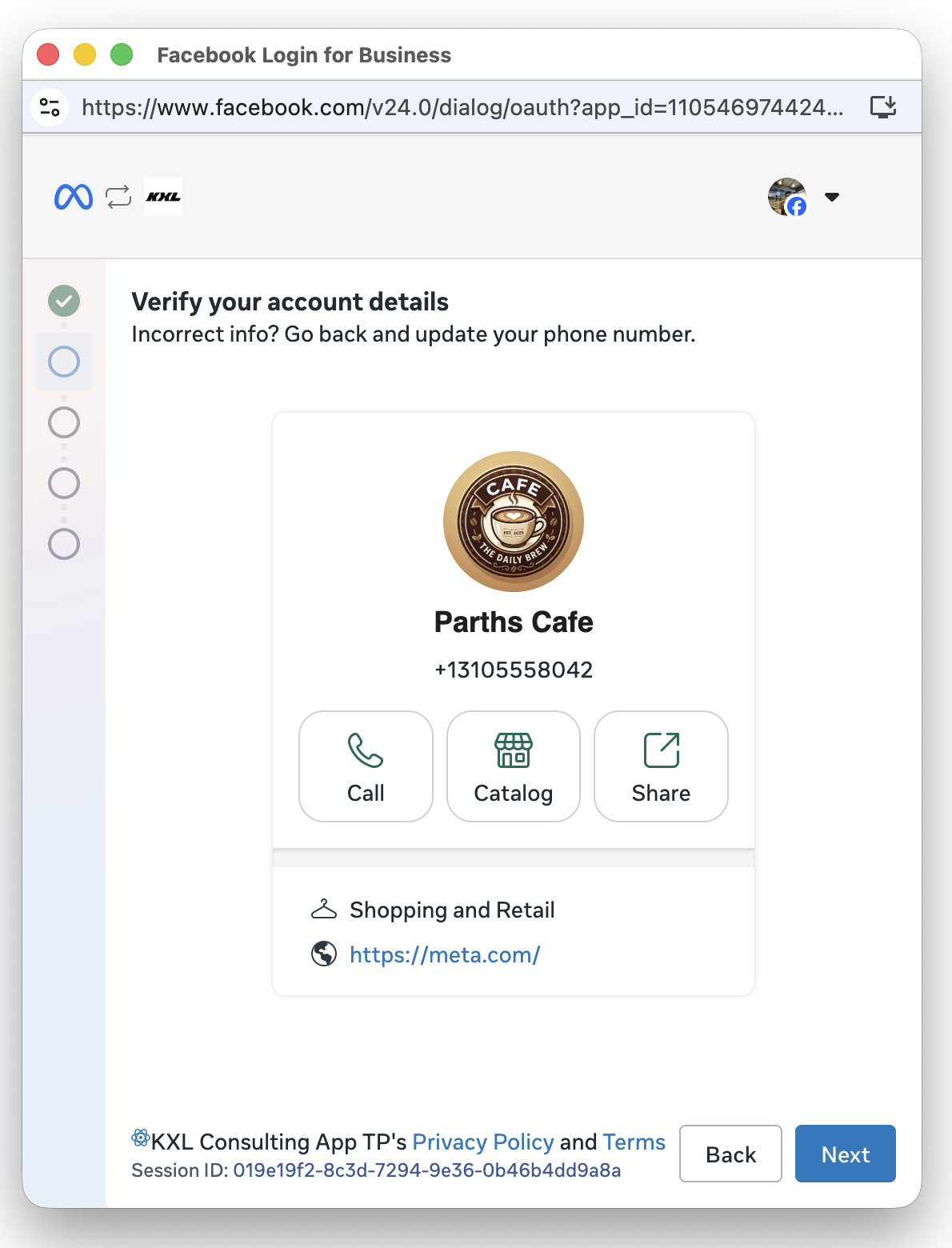 Business profile screen showing the WhatsApp Business app account picture, name, phone number, category, and website to confirm before onboarding